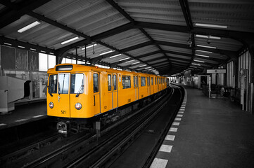 Yellow Tram,train U-Bahn transport black white color