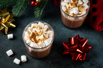 Christmas composition with homemade hot chocolate. Winter cocoa. New year drink. New year composition with cocoa. Cosy drink.