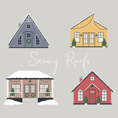 Scandinavian Christmas House. Cozy nordic cottage. Decorated Building with fir tree and lanterns for xmas. Holiday winter architecture. Christmas winter village. Hand drawn vector.