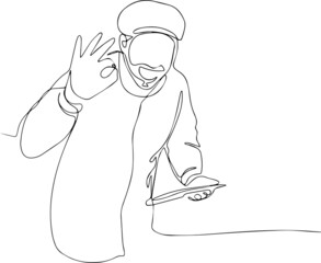 One line concept. Young man cheerful in sterile clothes in food factory holding digital tablet. Vector illustration