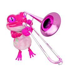 little frog cartoon is playing trombone top view