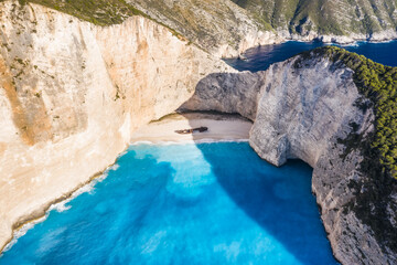 Aerial view of Navagio or Shipwreck Beach on Zakynthos Island, Greece. Summer vacation travel concept