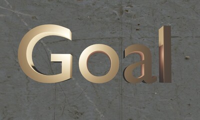 Goal 3d gold lettering illustration on concrete background. Business text success symbol. Marketing strategy object.