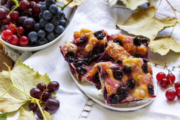 Traditional Italian yeast dough pie with grapes Schiacciata and bunches of grapes on a light background.
