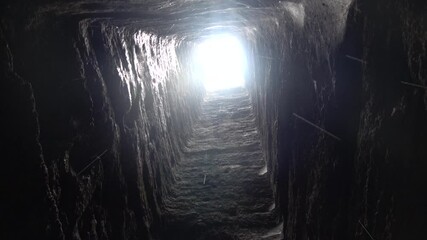 Drops fall in the well 
Bottom up view of the rain drops that fall in a dark deep square well.