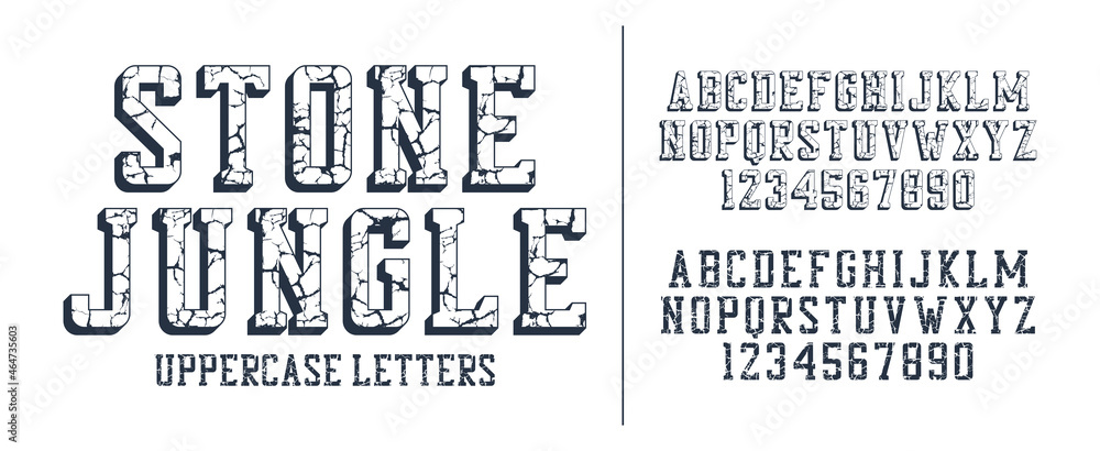Poster Cracked stone display font set. Retro style typeface with uppercase letters and numbers. Vector.