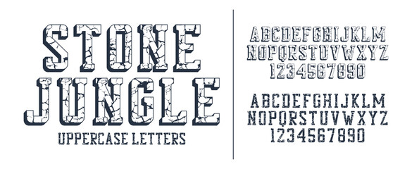 Cracked stone display font set. Retro style typeface with uppercase letters and numbers. Vector.