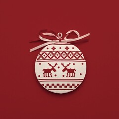 Merry Christmas New Year greeting card with scandinavian ornaments deers. Flat lay white red christmas minimalist round bauble toy in nordic style over dark red background.