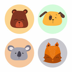 Vector illustration of animal face set. Animals icons design over white background. Flat vector illustration.