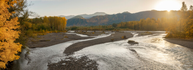 Sunrise View of the Nooksack River During the Colorful Fall Season. Morning in the Pacific Northwest when the maple trees are brilliant yellow mixed with the intense green of the fir and cedar forest. © LoweStock