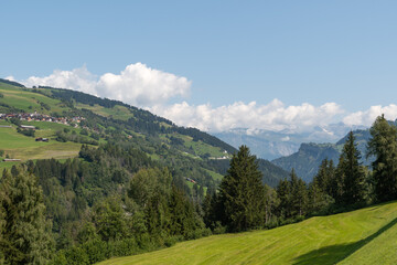 Graubuenden, Switzerland, August 21, 2021 Alpine scenery on a sunny day