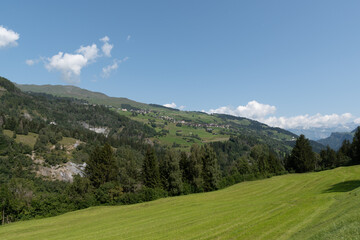 Graubuenden, Switzerland, August 21, 2021 Alpine scenery on a sunny day