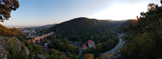 Wonderful autumn landscape and view on Moedling, Lower Austria. Beautiful Travel destination trip from Vienna. Beautiful view with a blue sky. 