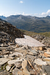 Vals, Switzerland, August 21, 2021 Heart shaped snow field in the alps