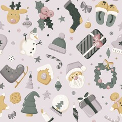 Happy new year seamless vector pattern. For design, wrapping paper and wallpaper. Black pattern christmas items. Vector illustration. Hand-Drawn. Flat design.