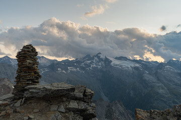 Vals, Switzerland, August 21, 2021 Sunset on the top of the mount Fanellhorn