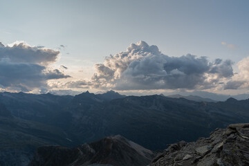 Vals, Switzerland, August 21, 2021 Sunset on the top of the mount Fanellhorn