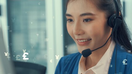Customer support call center provide data with envisional graphic . Business and communication technology concept .