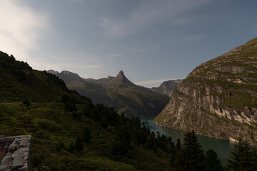 Vals, Switzerland, August 22, 2021 Mount Zervreila peak in the night