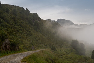 Vals, Switzerland, August 22, 2021 Fog in the morning at the mount Zervreila