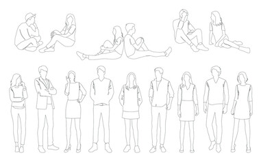 Vector silhouettes of  men and a women, a group of standing and sitting business people,  linear sketch, black and white color isolated on white background