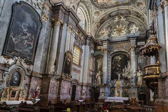 Interior of High Baroque St Elizabeth Church (Kostol sv Alzbety, 1739 - 1742). Bratislava, Slovakia. March 11, 2018.