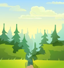 Road to a pine forest through a farm rural field. Cute funny floral green landscape. Rural countryside. Illustration in cartoon style flat design. Vector