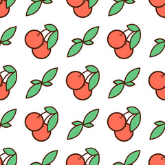 A seamless pattern of cherries with leaves on white background, arranged in a staggered order. Print for textiles, postcards, etc.