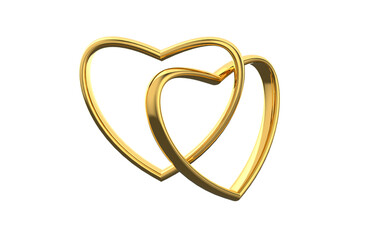 Marriage rings. Two golden interlocking hearts on white background. 3d illustration, 3d rendering
