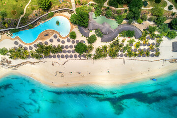Aerial view of tropical sandy beach with palms and umbrellas, sea