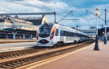 High speed train at the railway station in Ukraine