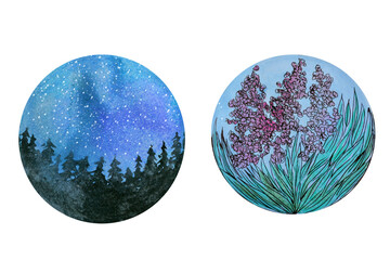 Forest at Night and Flowers in circles