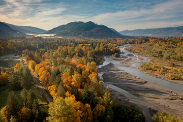 Aerial View of the Magnificent Nooksack River Valley During the Autumn Season. Fall color adds to...