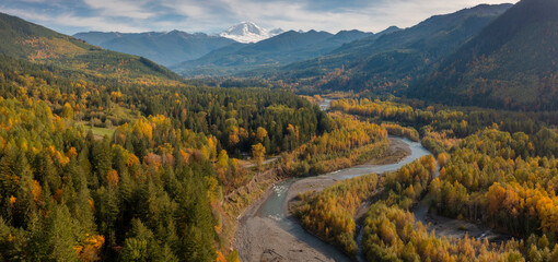 Aerial View of the Magnificent Nooksack River Valley During the Autumn Season. Fall color adds to...
