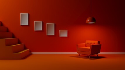 nterior decoration room with color orange wall and armchair