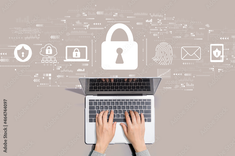 Poster internet network security concept with person using a laptop computer