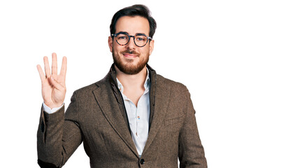 Young hispanic man wearing business jacket and glasses showing and pointing up with fingers number four while smiling confident and happy.