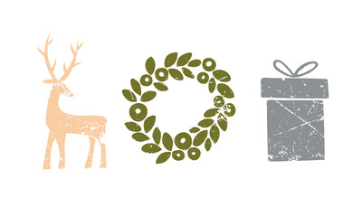 Vector images of Christmas attributes: deer, wreath, gift. Colored on a white background. Gray, green, beige. Illustration, grunge. Christmas, New Year, holiday. Cards, invitations, decorations.