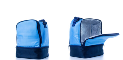Delivery bag set. Blue camping freezer collection, cooler box for cold lunch food isolated on white...
