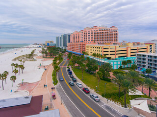 Clearwater Beach and S Gulfview Blvd aerial view in a cloudy day, city of Clearwater, Florida FL, USA.  - obrazy, fototapety, plakaty
