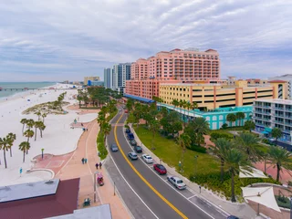 Zelfklevend Fotobehang Clearwater Beach, Florida Clearwater Beach and S Gulfview Blvd aerial view in a cloudy day, city of Clearwater, Florida FL, USA. 