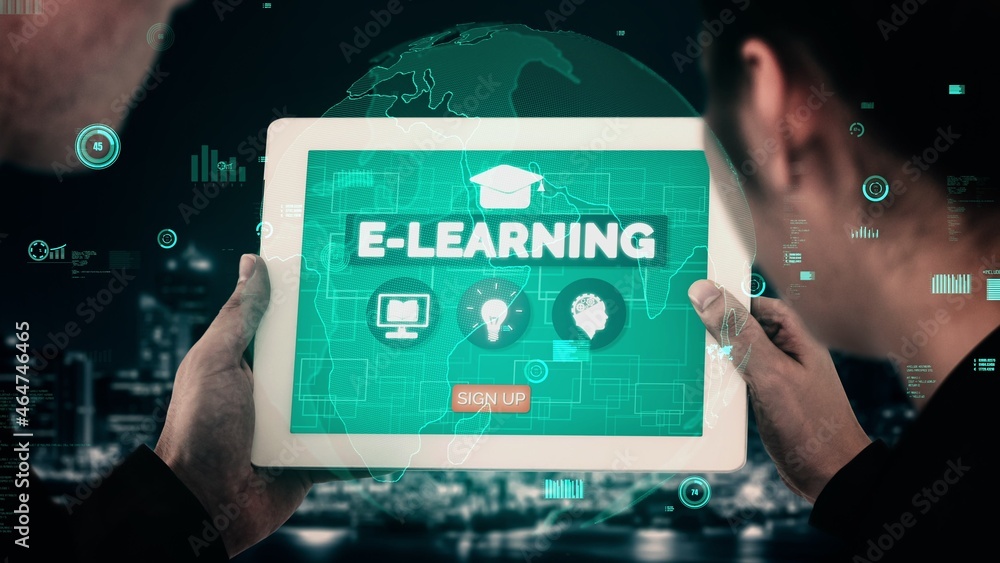 Poster e-learning and online education for student and university conceptual . graphic interface showing te