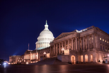 The United States Capitol, the meeting place of the United States Congress, located on Capitol Hill at the eastern end of the National Mall in Washington, D.C.
