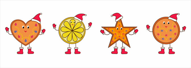 Set of decorated cookies with Christmas mittens, boots and hat in doodle style. Vector illustration for decorating cards, posters, banners, printing on fabric, paper.