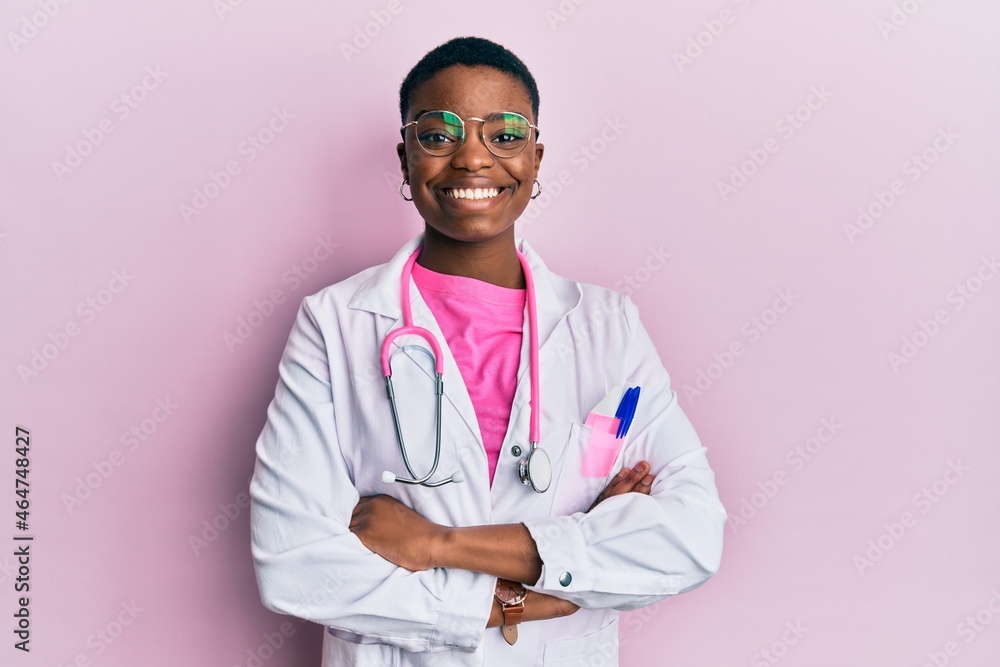 Sticker young african american woman wearing doctor uniform and stethoscope smiling with a happy and cool sm