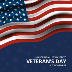 Happy veterans day background with waving flag and stars background illustration