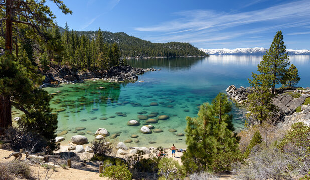 Beautiful panorama on the beach of Secret Cove, Lake Tahoe, Nevada (USA)