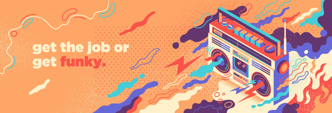 Abstract lifestyle illustration with isometric style ghetto blaster, splashing shapes and slogan. Vector illustration.