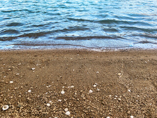 seashore ocean sandy beach sand seashells blue water waves tide nature background