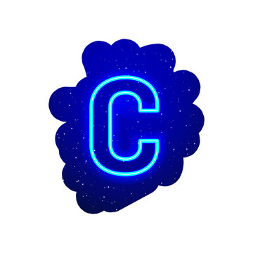 LED blue glow neon font. Realistic neon explosion. Letter C Alphabet of night show among the stars. Vector illustration uppercase font. 3d Render Isolated On White Background.